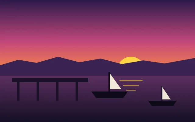 An illustrated harbor at dusk with a pink and purple sky, a sun behind mountains, a pier and two sailboats on the water.