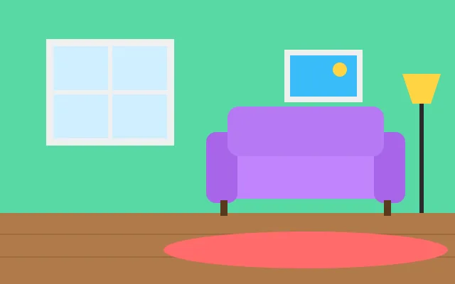 An illustrated living room in flat grayscale, with a sofa, a window and a framed picture on the wall, before the color pass.